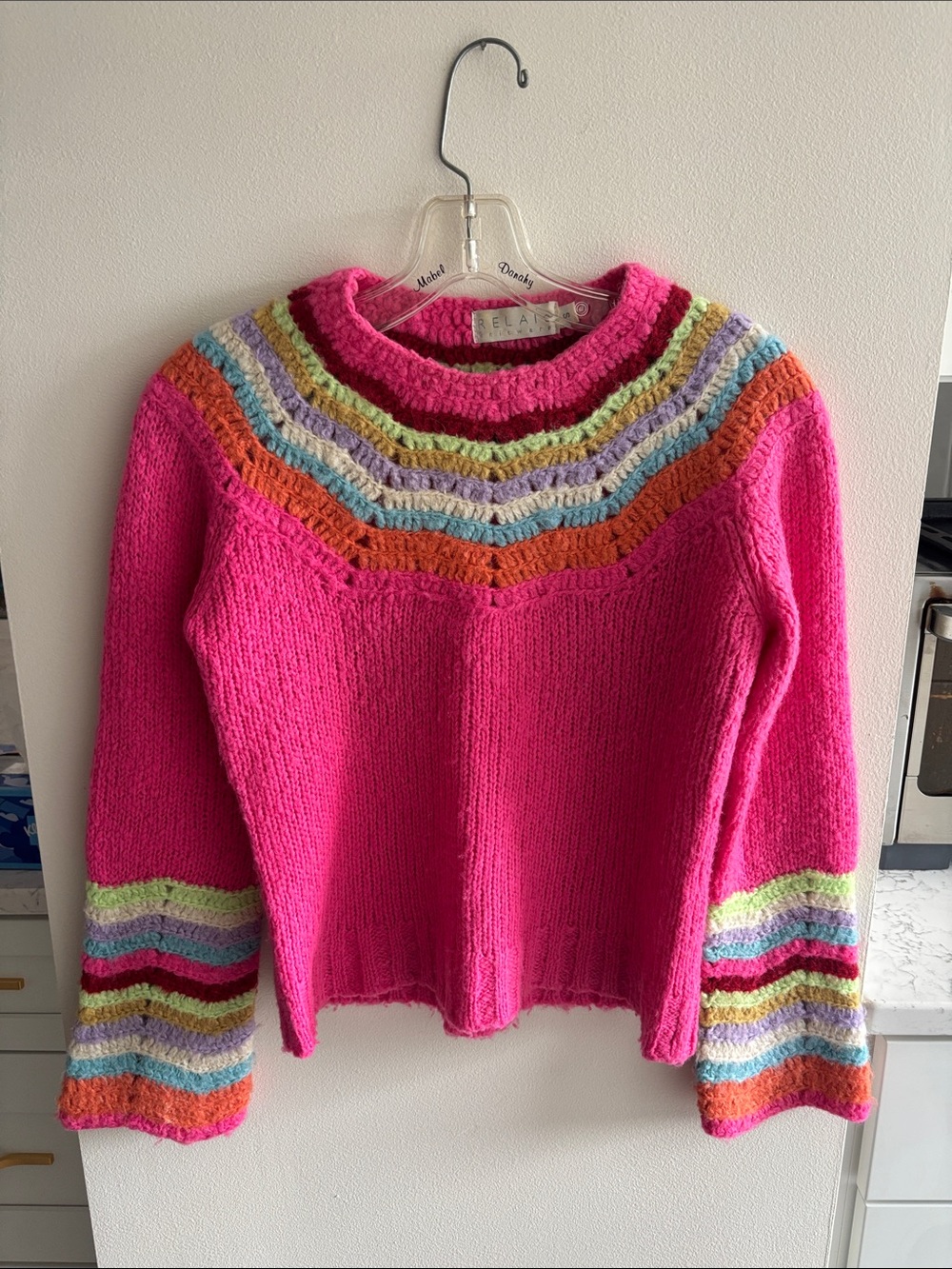 Hot Pink Knit Sweater with Multicolor Striped Yoke and Cuffs